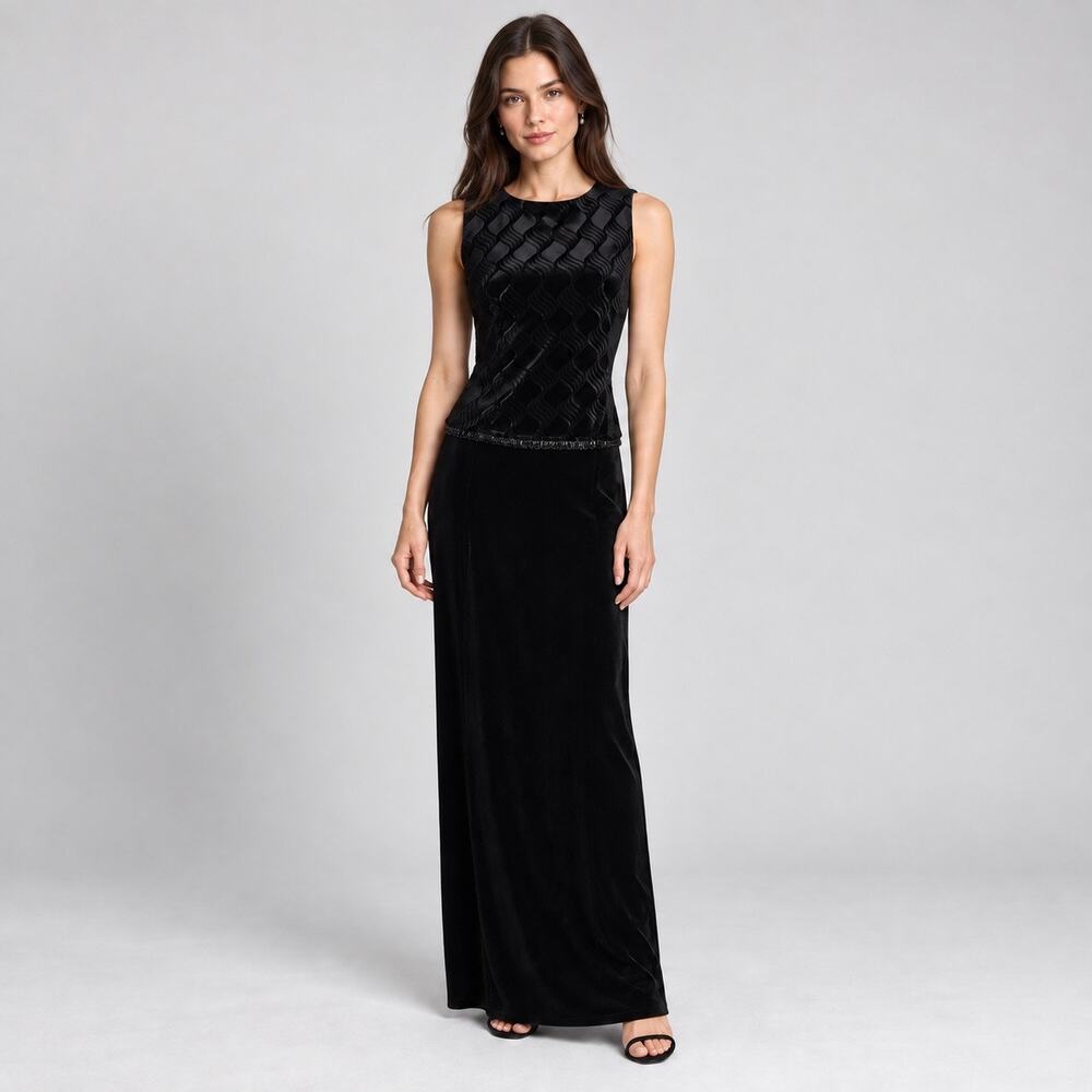 Vintage 90s Scott McClintock Black Velvet Column Dress 8 Formal Maxi